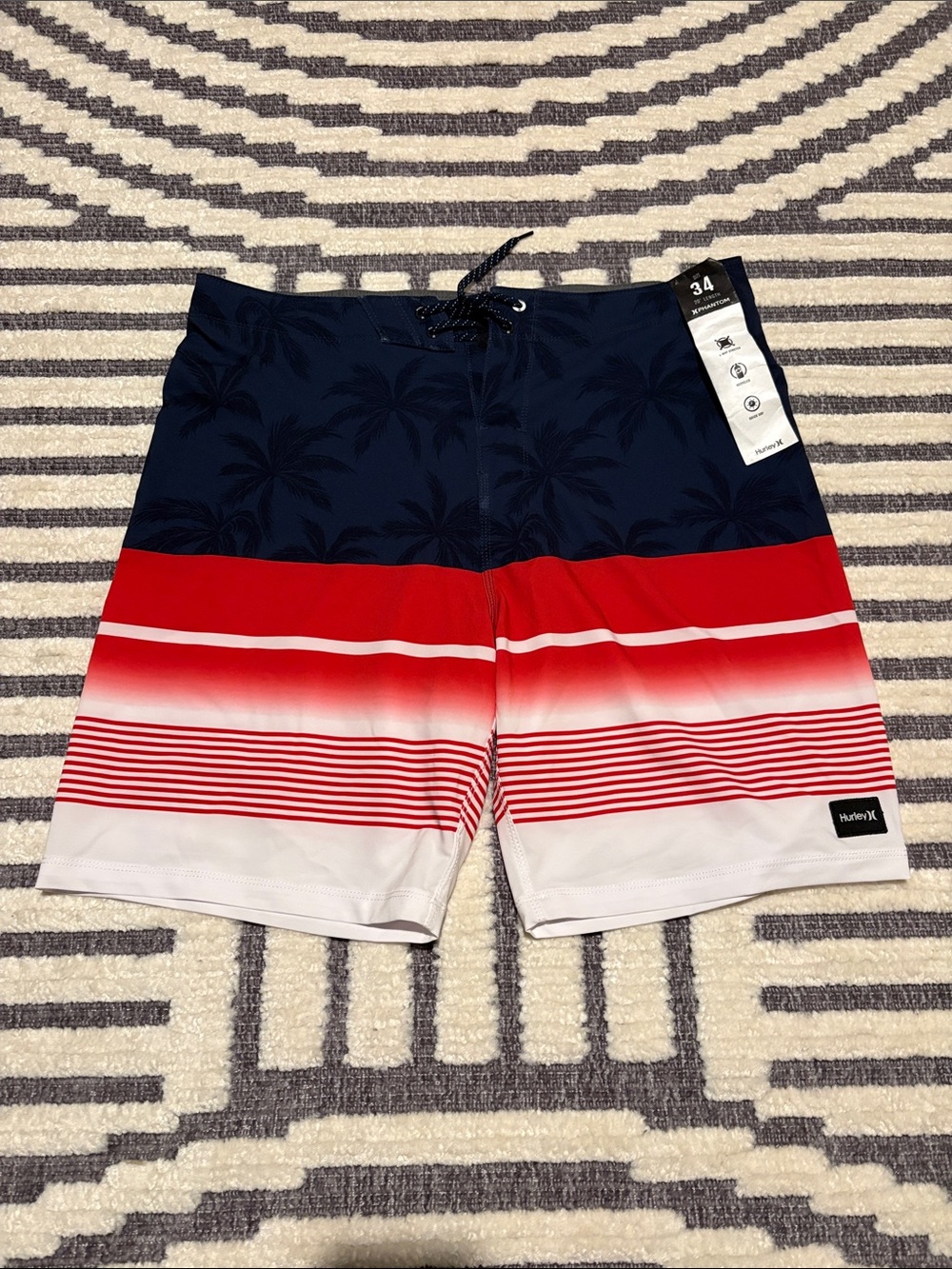Hurley Men's Navy Red White Palm-Stripe Board Shorts